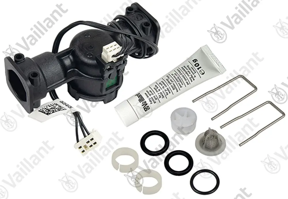 Vaillant Flügelrad mit Anschlusskabel, Dichtungsringen und Montagezubehör, inklusive einer Tube mit Dichtmittel und einem Filterelement.